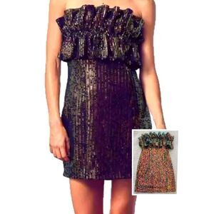 Rainbow Sequin Strapless Ruffle Mini Dress